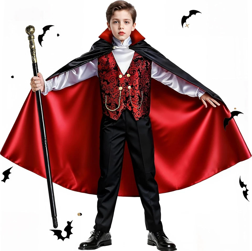 Boys Vampire Costume Set with Cape, Shirt, Pants & Cane Kids Dracula Outfit - Image 1 of 4
