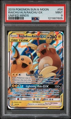 2019 Pokemon Raichu & Alolan Raichu GX Sun & Moon Unified Minds 54/236 PSA 9 MT - Image 1 of 2