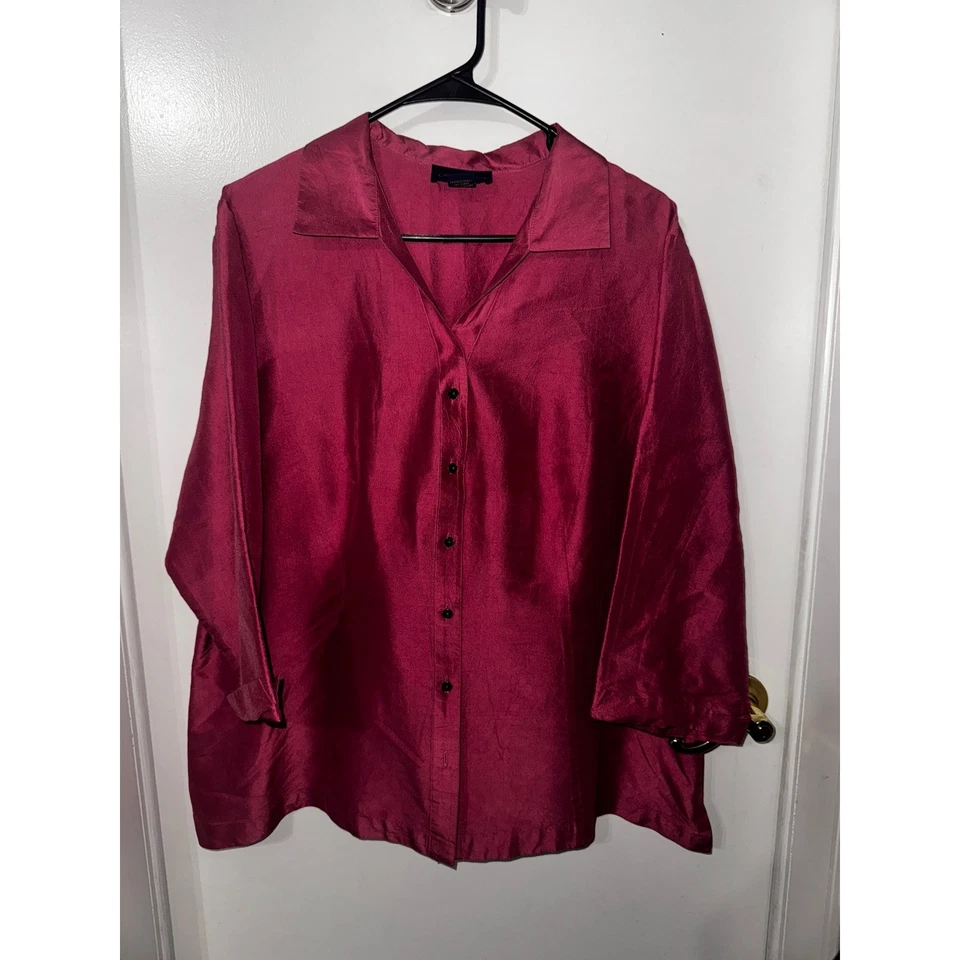 Charter Club 女式 18W 真丝纽扣上衣衬衫葡萄酒红色 3/4 袖 — 第 1/4 张图片