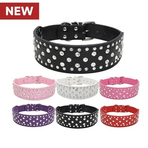 Collar de perro con estrás cuero diamantes brillantes mascota cachorro sin espigas S M L XL Pitbull  - Imagen 1 de 15