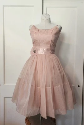 Vintage 50s Pink Party Dress With Rhinestones And Chiffon - Crinoline - Image 1 of 4