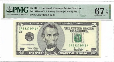 2001 $5 BOSTON FRN. PMG SUPERB GEM Uncirculated 67 EPQ Banknote. - Image 1 of 2