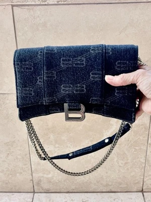 Dark Blue Denim Balenciaga Hourglass Purse with Chain - Image 1 of 4