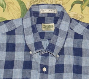 GITMAN BROS Blue Check Linen Long Sleeve Casual Button Down Shirt Large - Picture 1 of 3