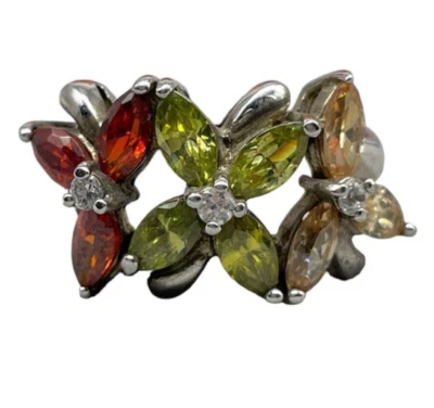 Anello femminile Fiore rosso verde giallo Argento 925 cristalli e zirconi Mis.16 - Immagine 1 di 4