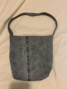NEW HAND MADE UPCYCLED GREY DENIM SMALL BUCKET BAG PINK SKULLS LINING - Picture 1 of 6