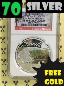 2014 Tuvalu Florida Alligator & FREE 1/2 GOLDBACK: FUN Show SILVER NGC PF 70 UC* - Picture 1 of 4