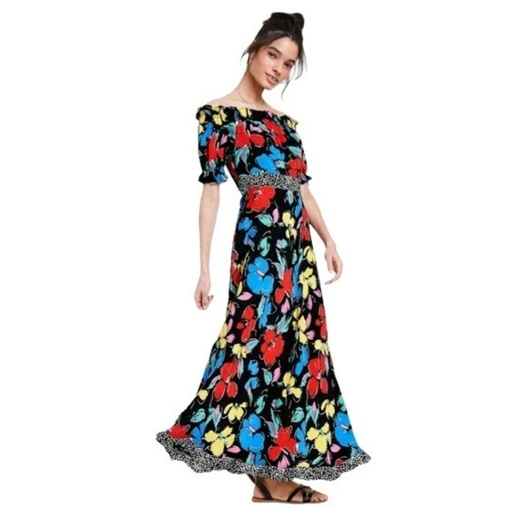 RIXO Floral off The Shoulder Puff Sleeve Dress 0