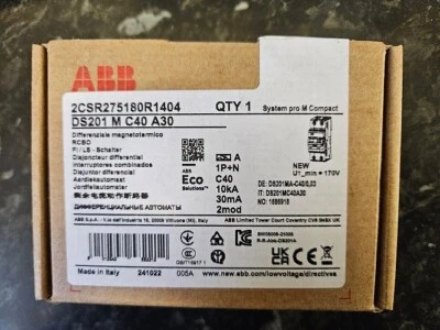 ABB 2csr275180R1404 DS201MC40A30 RCBO 1P&N 40A 30mA - Image 1 of 3