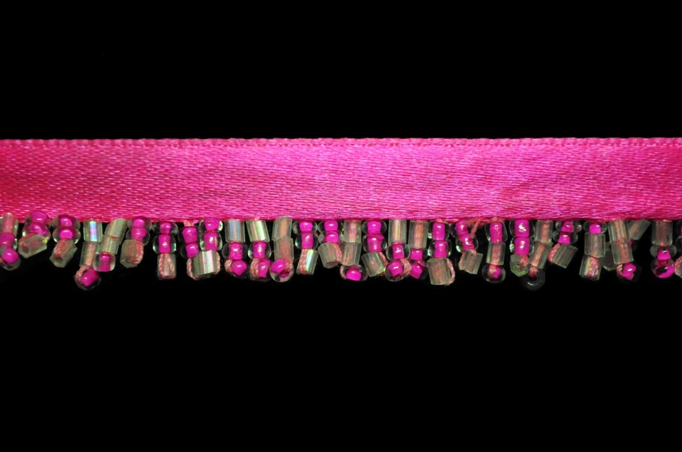 Unotrim Beaded Trim Fringe 5/8" Clear and Hot Pink Glass Seed Beads 3/8" Ribbon - Image 1 of 1