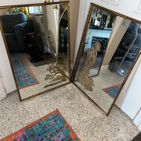 Pair Vintage MCM Hollywood Etched Chinese Bamboo Mirrors Gold Retro Reliable Mfg Cover