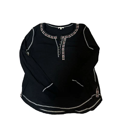 Mystree Black Knit Henley Top Size Large Embroidered Aztec Southwest NWOT - Image 1 of 4