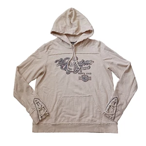Harley Davidson Hoodie Womens Medium Beige Logo Pullover Distressed Long Sleeve - Picture 1 of 19