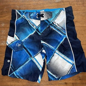 OP Ocean Pacific Boys Swim Trunks Large 10-12 Blue Neon Green Striped Mesh Lined - Picture 1 of 7