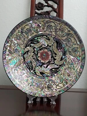 Laca de madera coreana madreperla grúas flores plato de arte hogar oficina decoración Foto 1 de 4