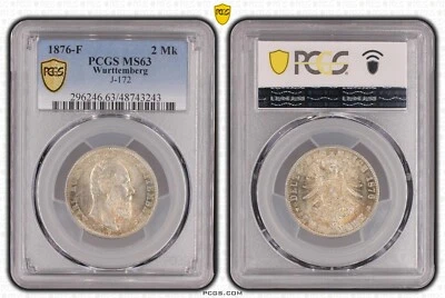Coin Mark Silver Württemberg 2 Mark 1876 PCGS MS63 great condition nswleipzig - Image 1 of 2