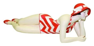 RECLINING BATHING BEAUTY FIGURINE - ORANGE & WHITE SWIMSUIT & HAT - SALE - Picture 1 of 1