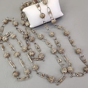 Vintage mexikanische Hochzeit Halskette silberfarben filigran Lasso Kugel Gliederkette 64" - Bild 1 von 9