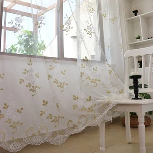 Set of 2 Panels White Floral Sheer Curtains Beige Leaf Faux Linen Semi Sheer ... - Picture 1 of 8