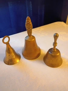 VTG MCM 3 Solid Brass Bells With Clappers/1 Has Etched Bird/3"+3.5"+4.5" T Gold - Picture 1 of 8
