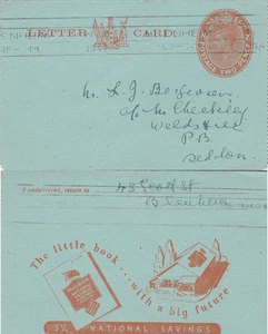 New Zealand BLENHEIM Straight Line GvI 2d Letter Card NATIONAL SAVINGS AD 1947 - Picture 1 of 1