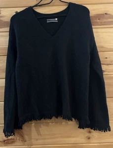 Anthropologie Black Sweater Fringe Hem Flare Sleeves Nylin Wool Alpaca Blend - Picture 1 of 5