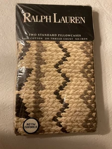 Ralph Lauren Auckland Standard Pillowcase Set x2 Neutral Brown Printed Stitches - Picture 1 of 9