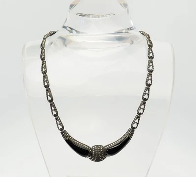 Splendido Art Déco Stile Sterling Marcasite Argento Onice Nera Vintage Collana - Immagine 1 di 4