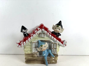 Rare Japan? Pixies On Red Roof House Planter 2 Elves Christmas Holiday - Picture 1 of 10