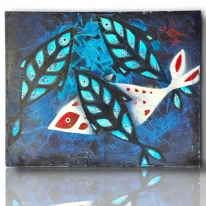 A Signd Original Artist Artwork Painted Canvas Art Abstract Fish Blue Red White - Picture 1 of 4