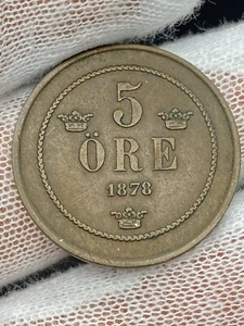 Moneda de 5 minerales de Suecia 1878, Oscar II, KM# 736, XF - Imagen 1 de 4