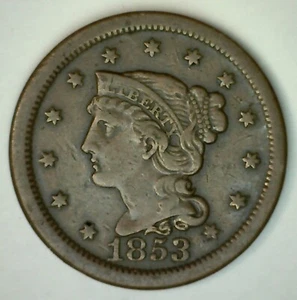 1853 USA Braided Hair Large Cent Copper Coin 1c USA Very Fine Condition - Bild 1 von 2
