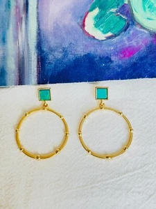 Baroque Green Square Large Circle Round Hoop Pierced Earrings Gold Women Her - Picture 1 of 5