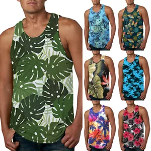 Men Beach Tank Tops Summer Tropical Palm Sleeveless Vest Casual Hawaiian Tank 🔥 - Picture 1 of 19