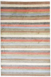 6X9 Rug Wool Multi Color Modern Hand Knotted Scandinavian Striped Room Size - Picture 1 of 9
