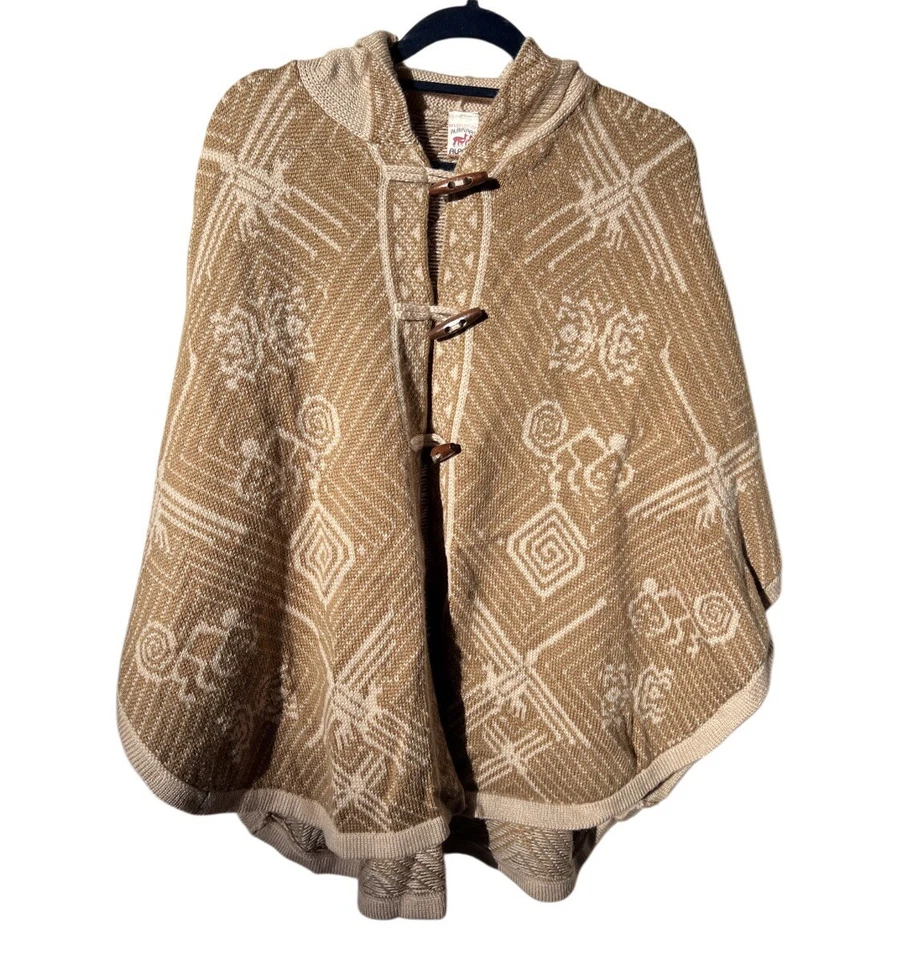 Women's Alpaca Wool Hooded Knit Yarn Cape Coat Poncho - Wooden Buttons - Image 1 of 3