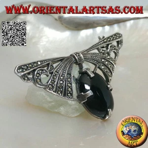 Broche de Plata 925‰ Lazo Tachonado De Marcasita Con Ónix Ovalados Abajo - Imagen 1 de 2
