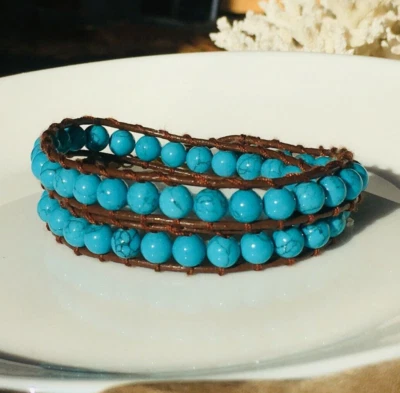 Pulsera envolvente turquesa, pulsera de cuero con piedras preciosas, pulseras bohemias Foto 1 de 4