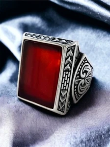 Natural Red Agate Ring, Hand Engraved Sterling Silver Ring, Turkish Aqeeq Ring # - Picture 1 of 6