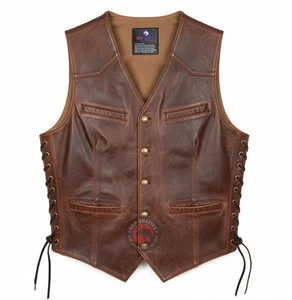 Men's Club Vest Genuine Leather Motorcycle Biker Rider Cowboy Waistcoat Brown - Picture 1 of 6