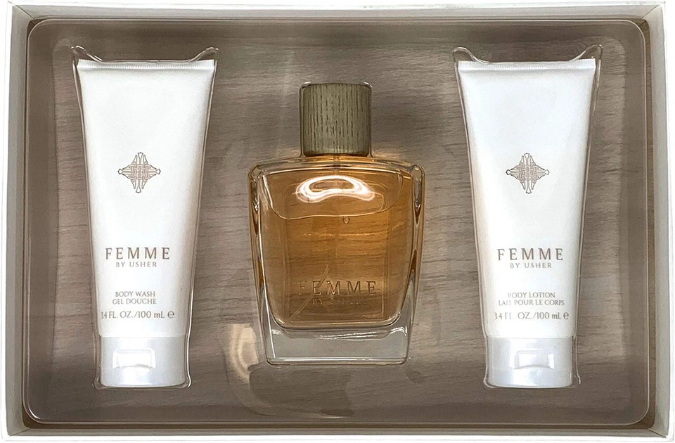 JUEGO DE 3 PIEZAS USHER FEMME: SPRAY 3.4 EAU DE PARFUM + GEL DE DUCHA 3.4 + LOCIÓN CORPORAL 3.4 Foto 1 de 1
