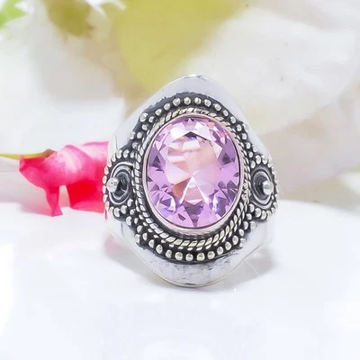 Hermoso y atractivo anillo de plata de ley 925 maciza con piedras preciosas de kuncita rosa V8572 Foto 1 de 4
