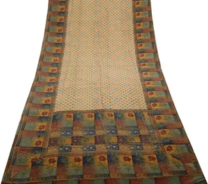 Sushila Vintage Crema Sari 100% Pura Crepé Seda Estampado Floral Tela Suave - Imagen 1 de 9