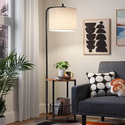 Floor Lamp with Table Natural Wood - Room Essentials: ETL Listed, Linen - Image 1 of 4