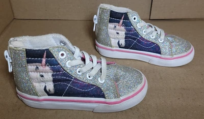 Vans High Top Shoes Girls 7 toddler Sparkle Silver Purple Unicorn Zip Up - Image 1 of 4