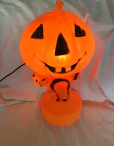 Vintage Plastic Blow Mold Orange Jack O Lantern Pumpkin Cat 14” Works! - Picture 1 of 11