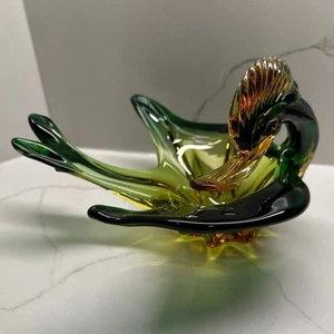 Vintage Murano Stil Kunst Glas Wappen Vogel grün gelb Bonboniere Schale Bernstein - Bild 1 von 5