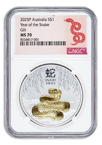 Moneda de plata Australia Año Lunar de la Serpiente 2025 dorada 1 oz NGC MS70 - Imagen 1 de 2