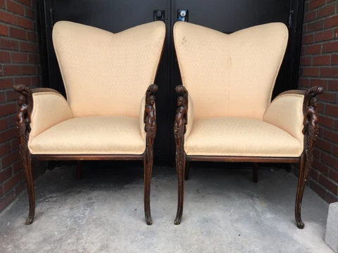 2 matching vintage carved sweetheart renaissance figural carved chairs Cover