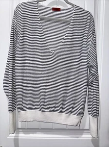 Hugo By Hugo Boss Womens V-neck Sweater Large White/Blue Stripes - Picture 1 of 5